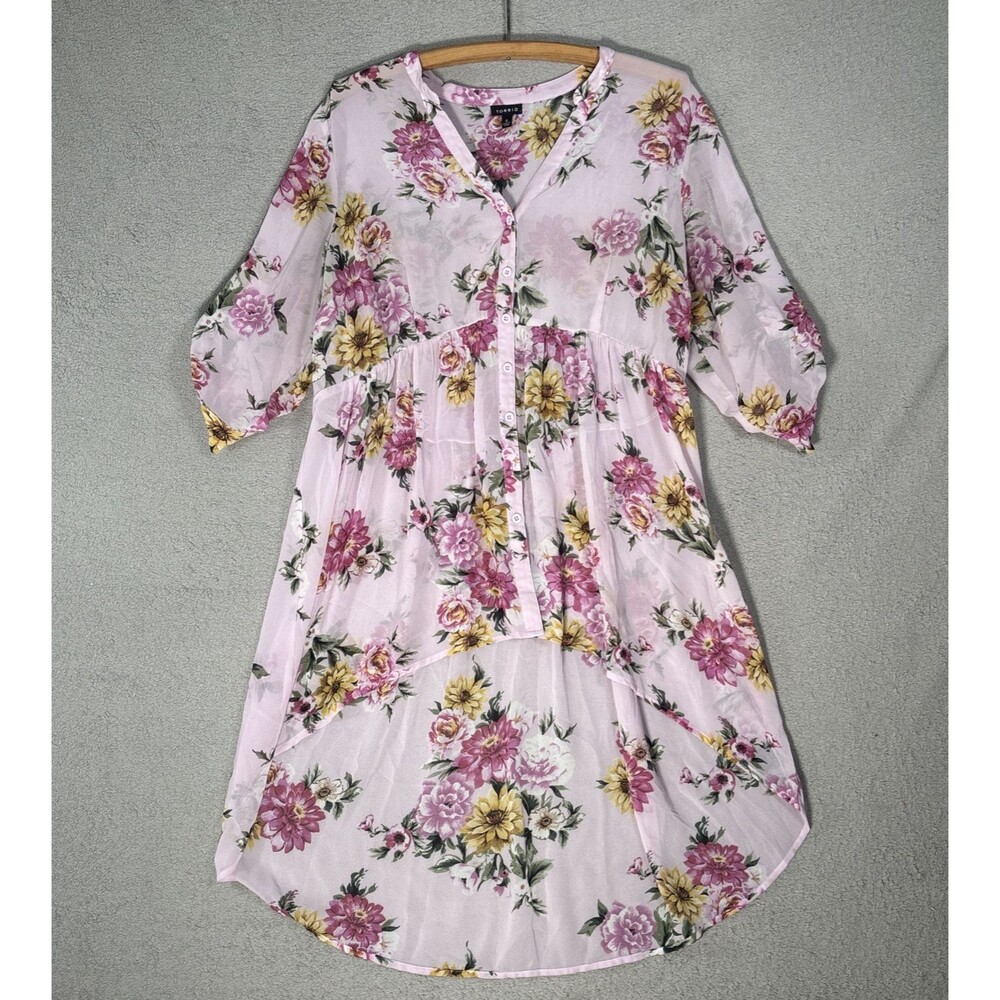 Torrid Sheer Tunic Top Womenβs Size L Pink Floral Chiffon Rollβ Tab Asymmetrical